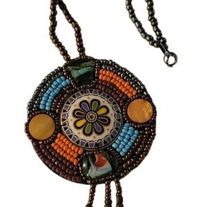 VINTAGE SOUTH WESTERN AMERICAN HAND BEADED ON LEATHER NECKLACE MULTI COLOR